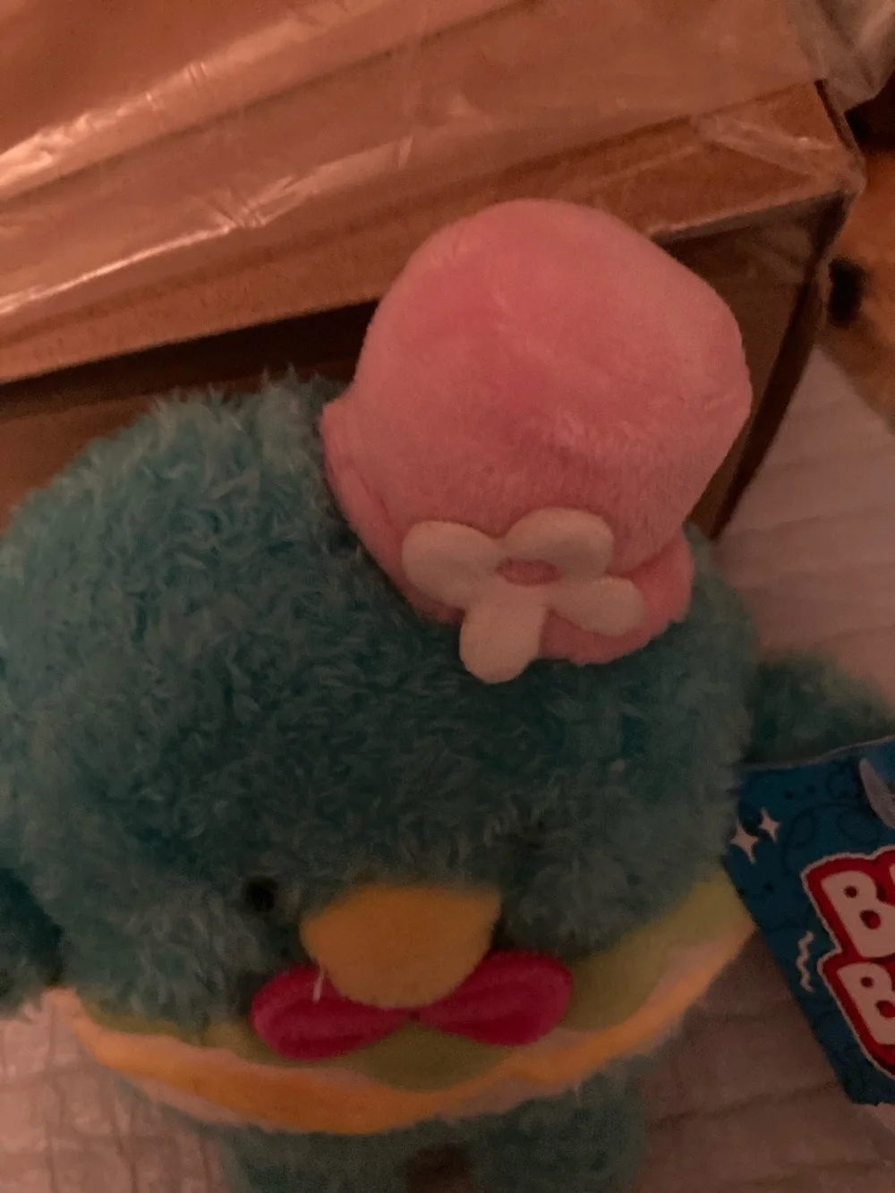Blue Plush Chick with Pink Hat and Red Bow by